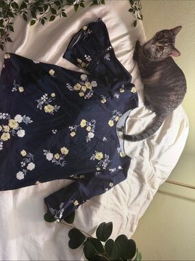 Ann Taylor Factory Navy Floral Cat-Print Blouse